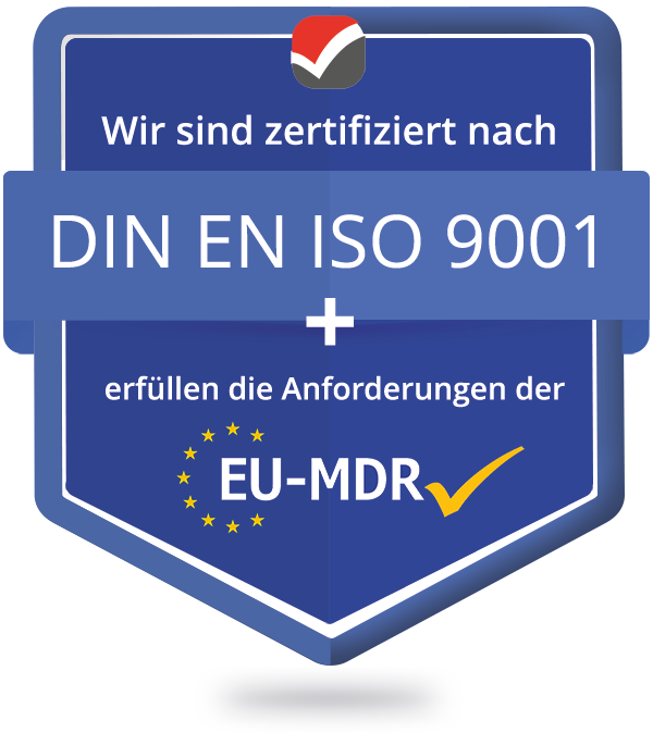 Logo mit Beschriftung: Wir sind zertifiziert nach DIN EN ISO 9001 und erfüllen die Anforderungen der EU-MDR